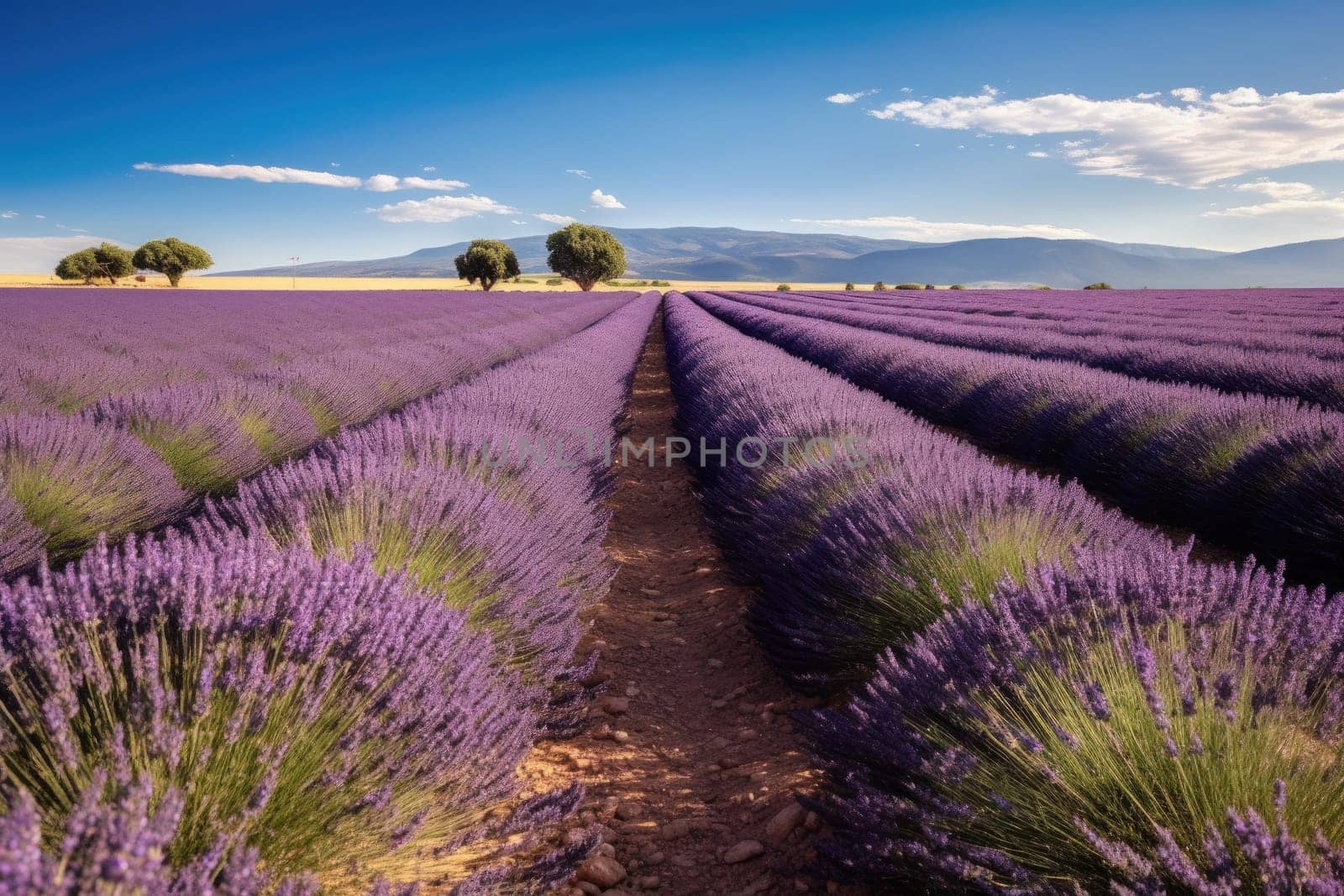 Sunset over a violet lavender field, AI Generative