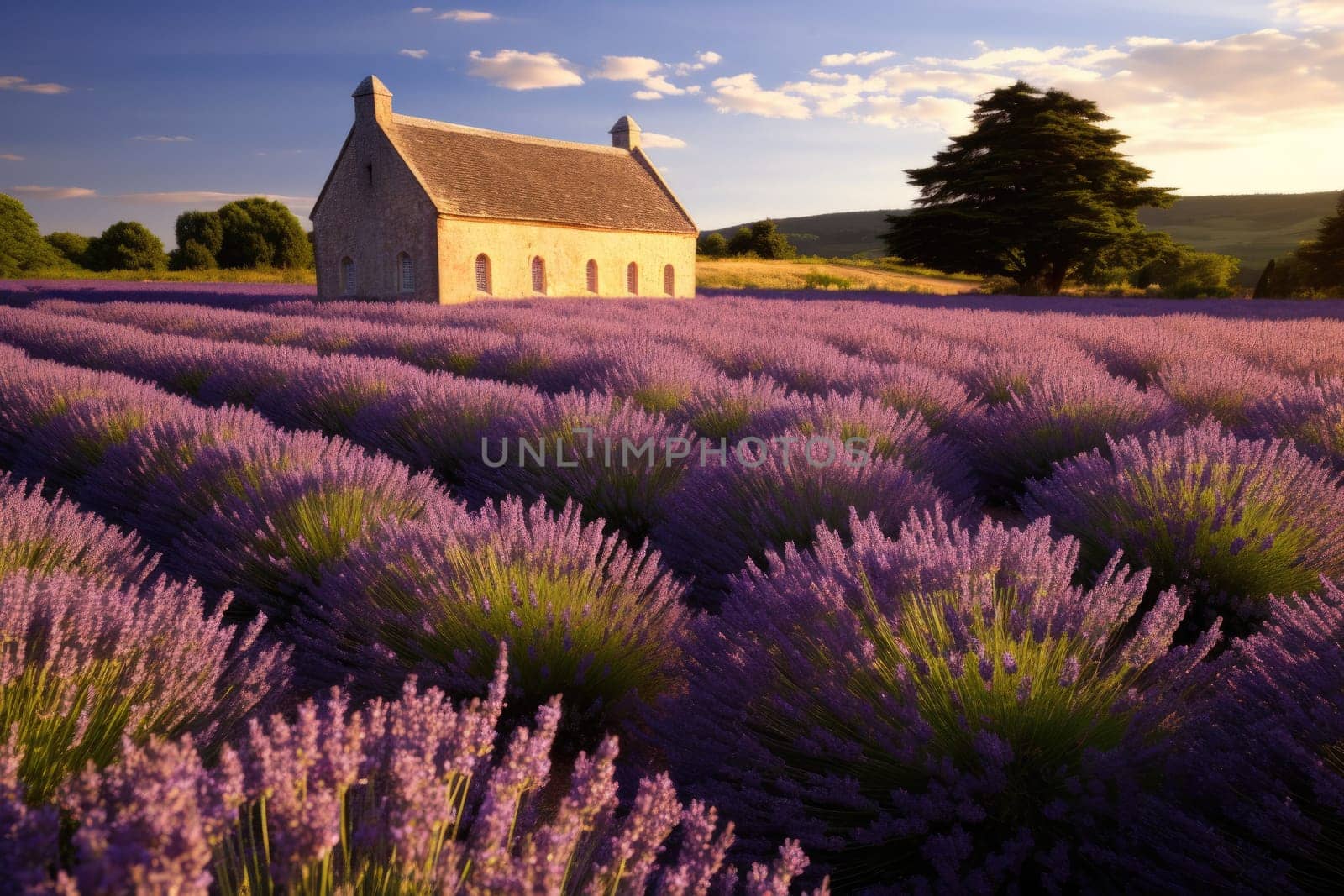 Sunset over a violet lavender field, AI Generative