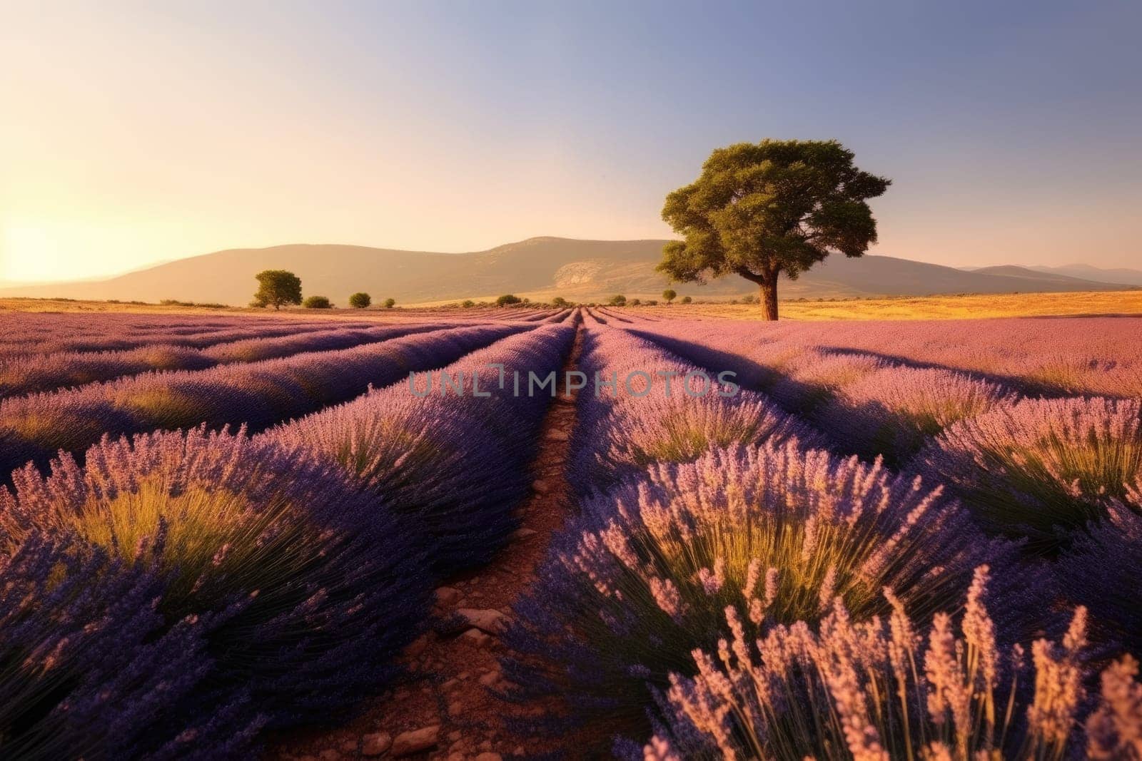 Sunset over a violet lavender field, AI Generative