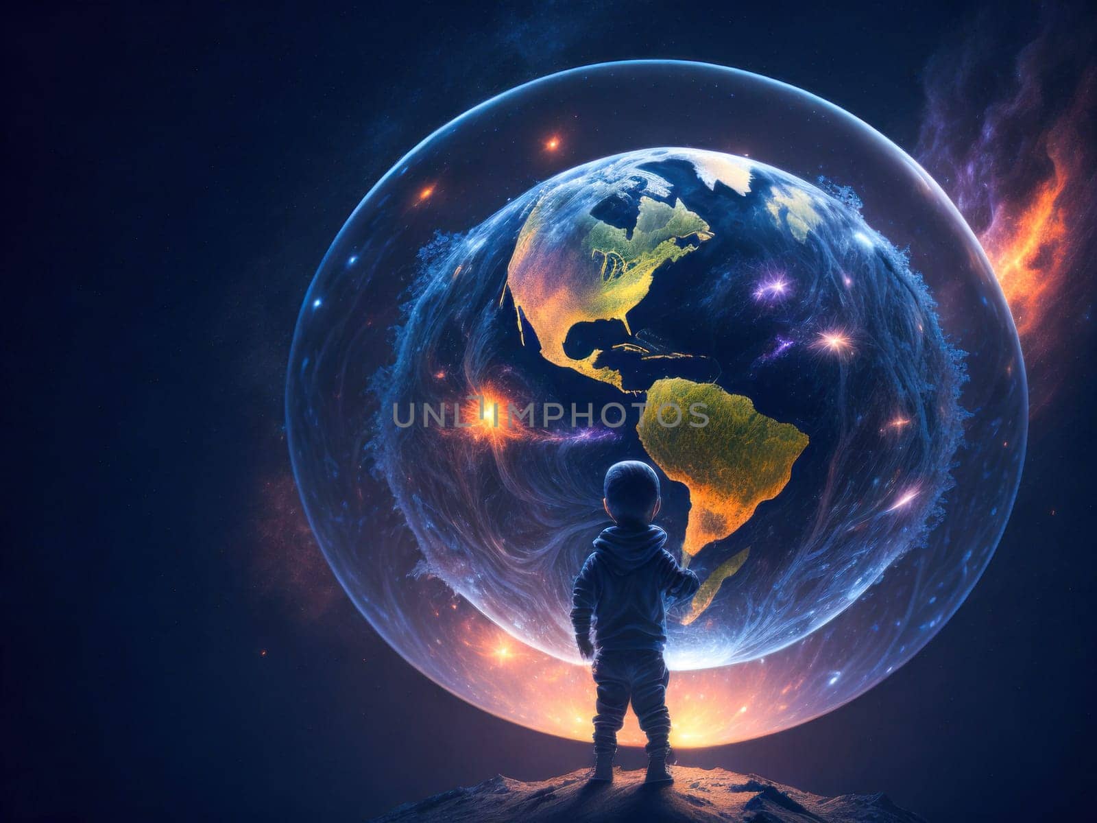 Child is loooking at glowing Planet Earth with fire and polution. World is in our hands. Blue Global Business. Generative Ai