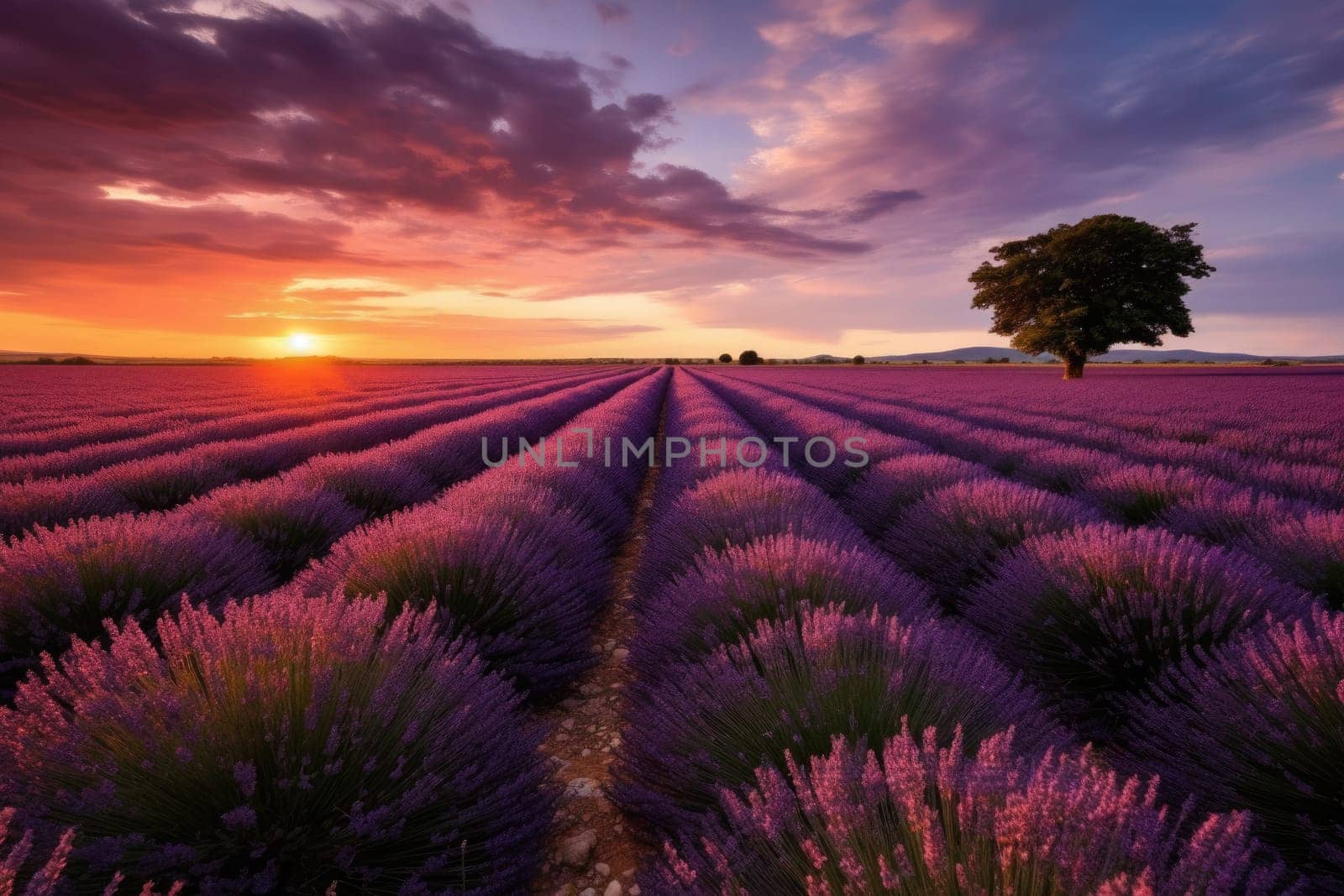 Sunset over a violet lavender field, AI Generative