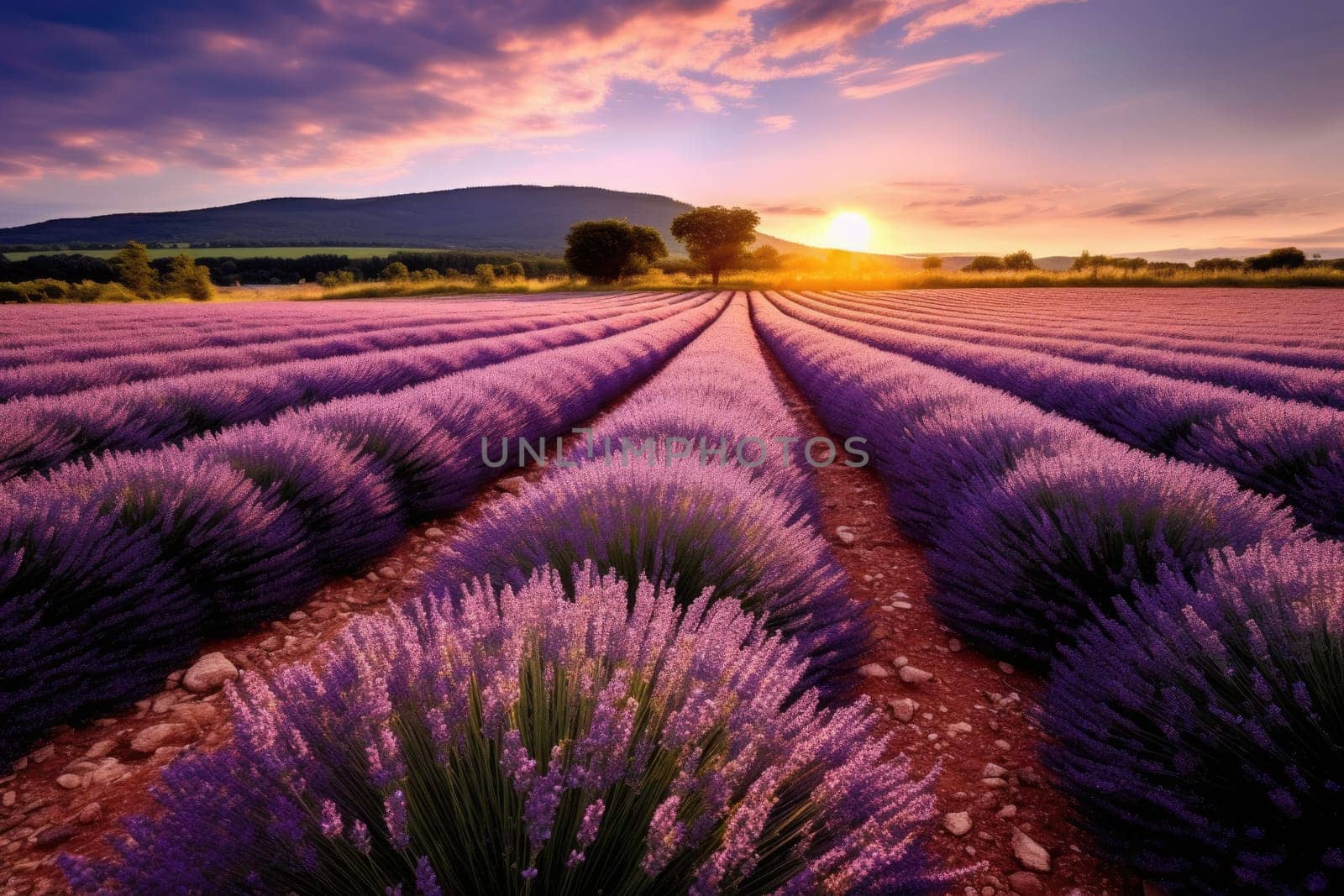 Sunset over a violet lavender field, AI Generative