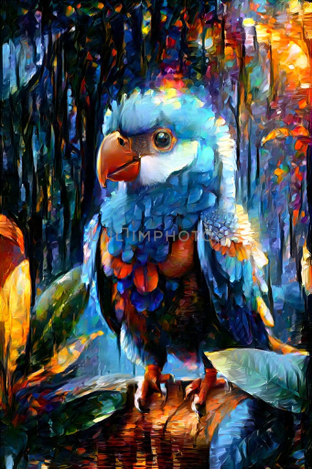 Funny brightly colored parrot. Generative AI.