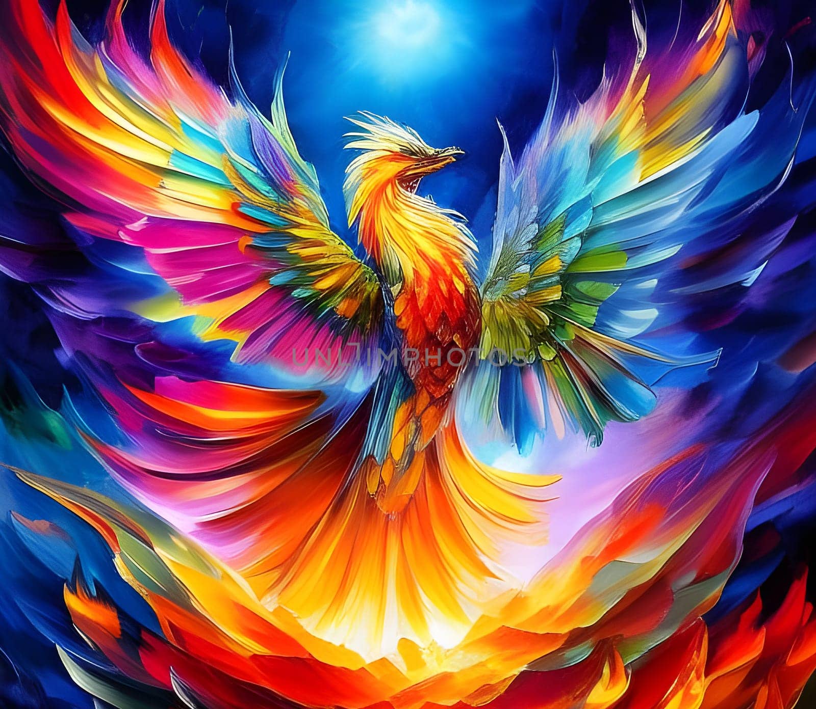 Colorful fire-bird rising out of flames. Generative AI.