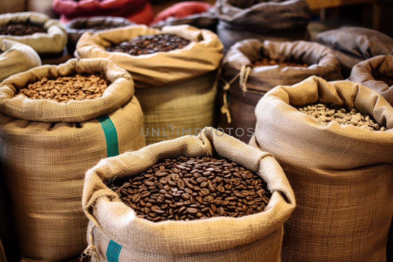 coffee beans in mesh bags, coffee production, AI Generative