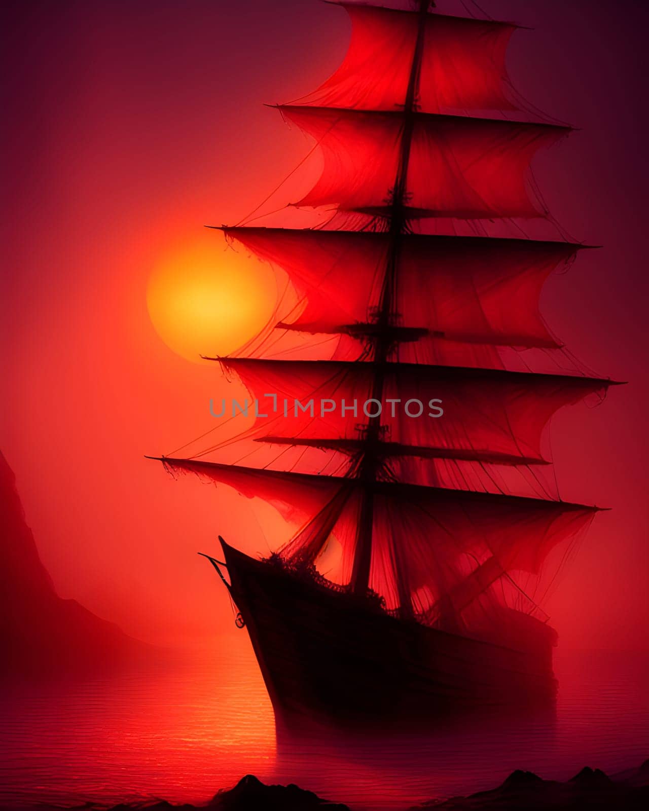Ghost sailing ship with a blood red sky. Generative AI