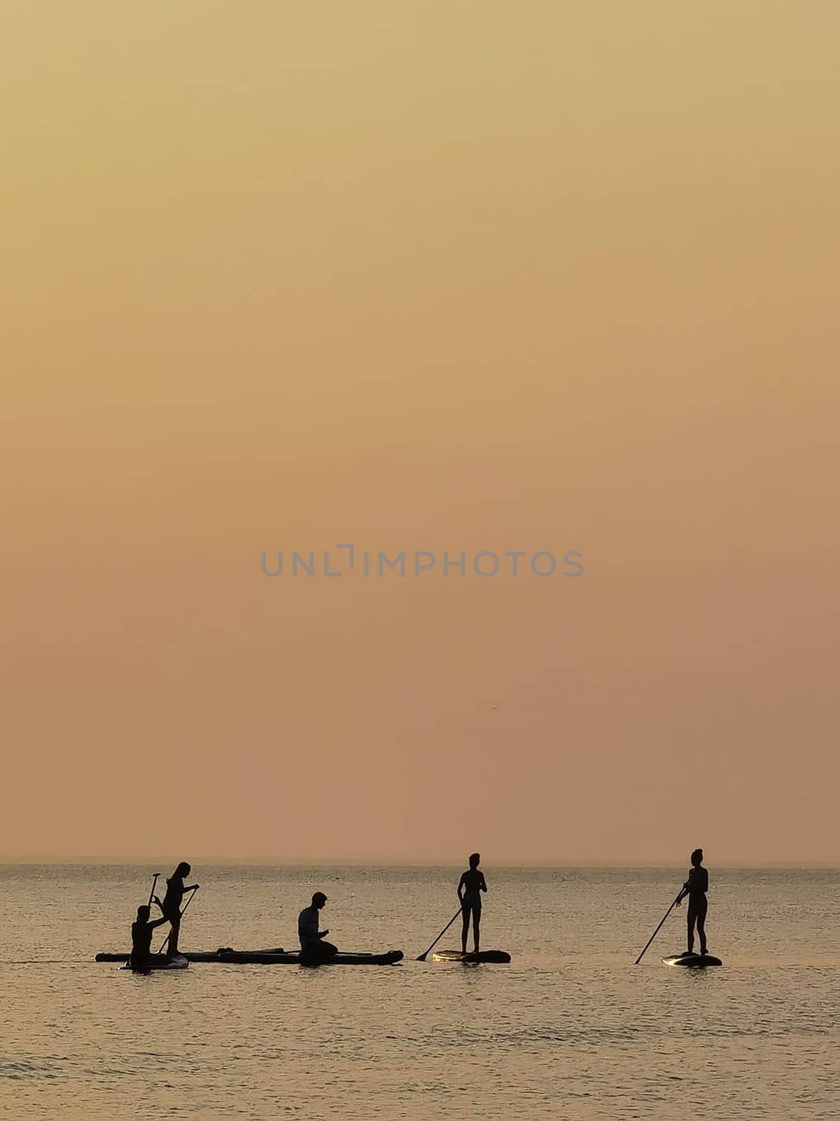 Group of people on stand up paddle board at quiet sea on sunset or sunrise. People on sup board and bright sunset by sarymsakov