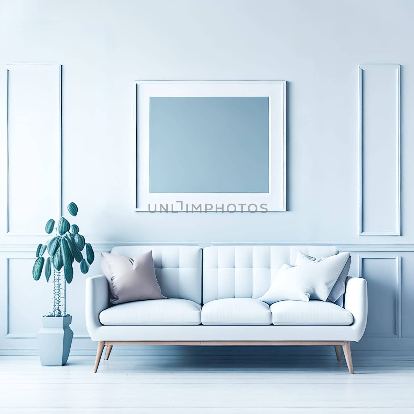 Blank frame mockup for artwork or print on pastel blue wall with blue couch, copy space. Interior design. Generative Ai. by JuliaDorian