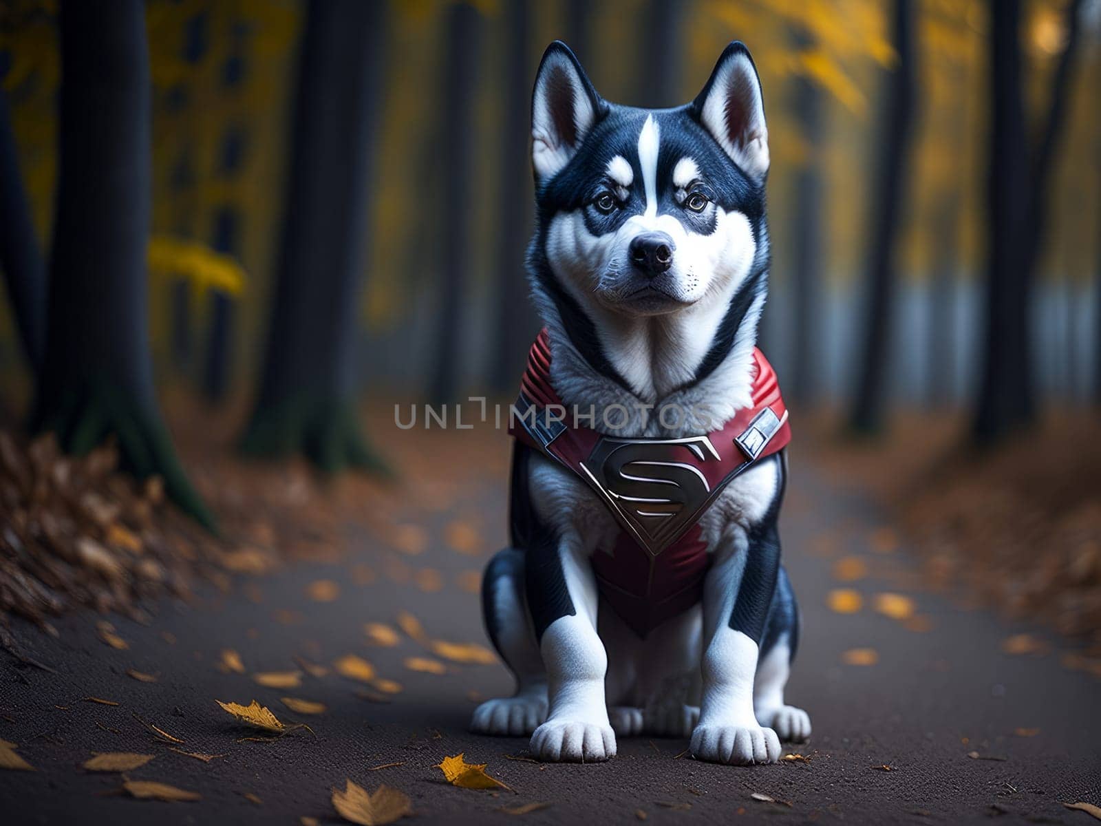 Cute husky puppy wearing superhero costume autumn forest on background. Halloween costume. Dog vacation relax concept. Generative Ai. by JuliaDorian