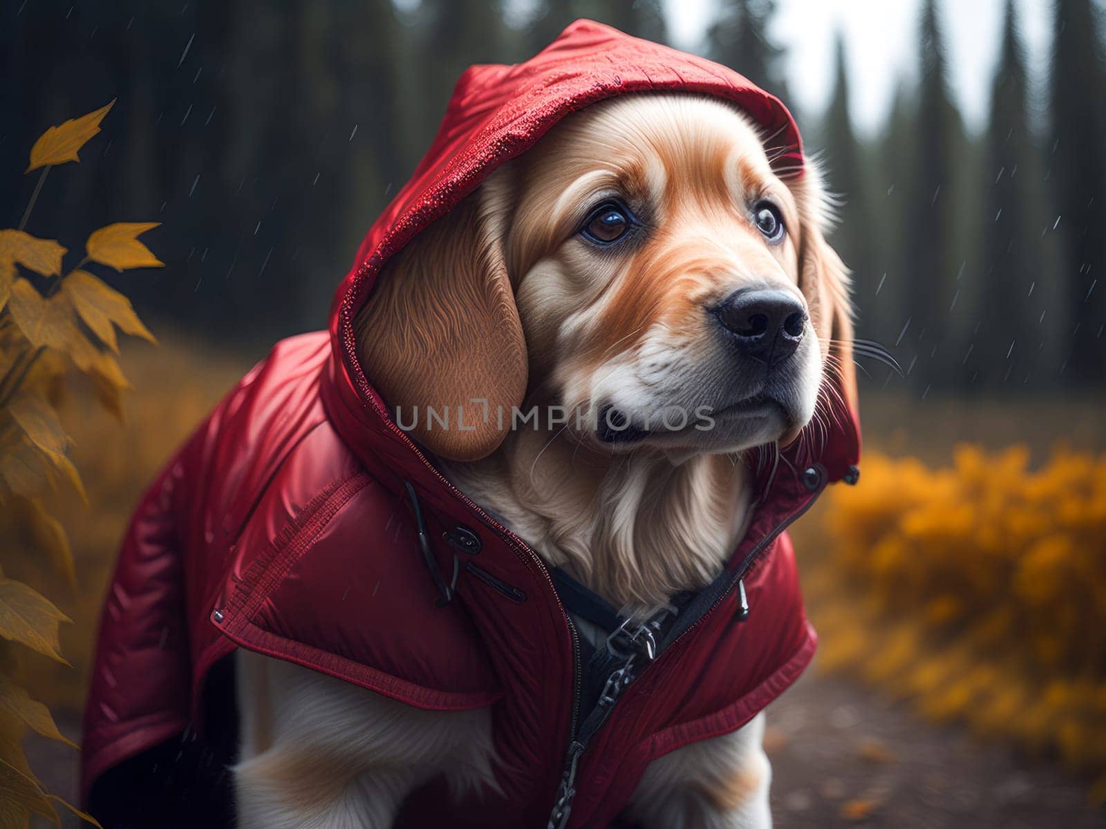 Cute dog golden retriever wearing red rain jacket hiking in the forest. Dog vacation relax concept. Generative Ai. by JuliaDorian