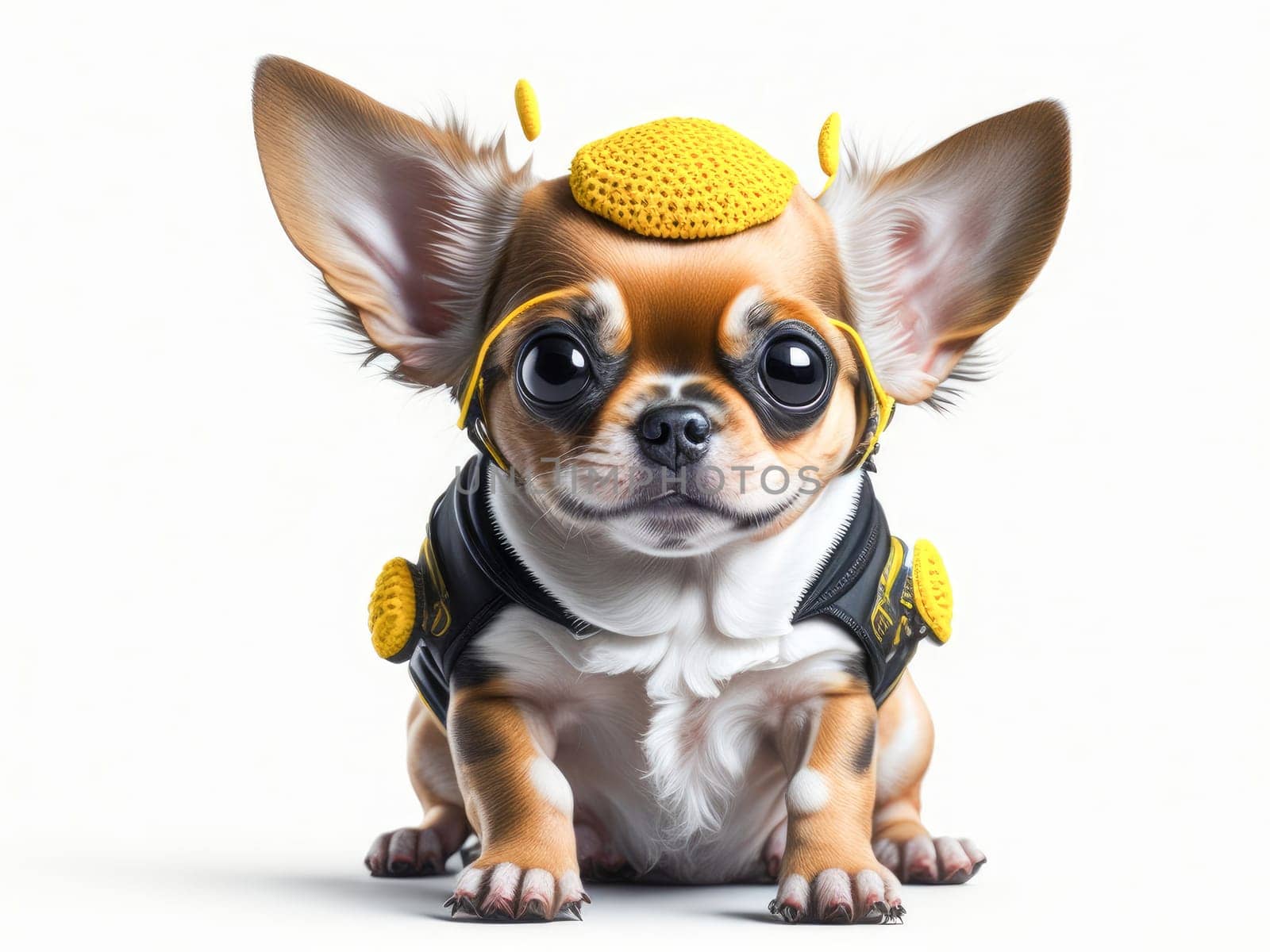 Cute funny chihuahua puppy wearing yellow bee costume on white background. Generative Ai. by JuliaDorian