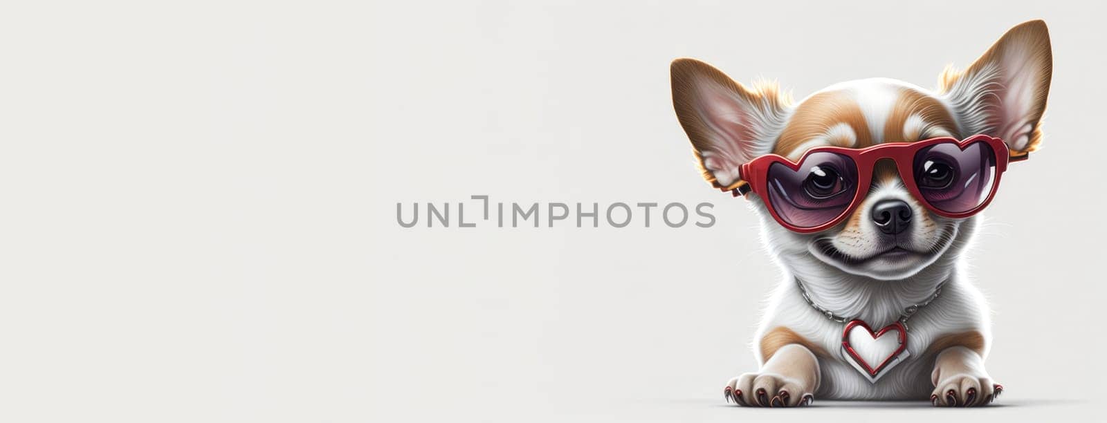 Banner of cute funny chihuahua puppy wearing pink heart shaped sunglasses on white background. Space for text. Copy space. Generative Ai