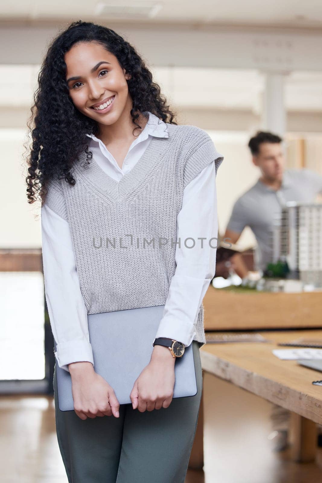 Happy, office and portrait of a woman at work for business, administration and executive job. Smile, morning and a corporate employee standing in the workplace with technology working at an agency by YuriArcurs