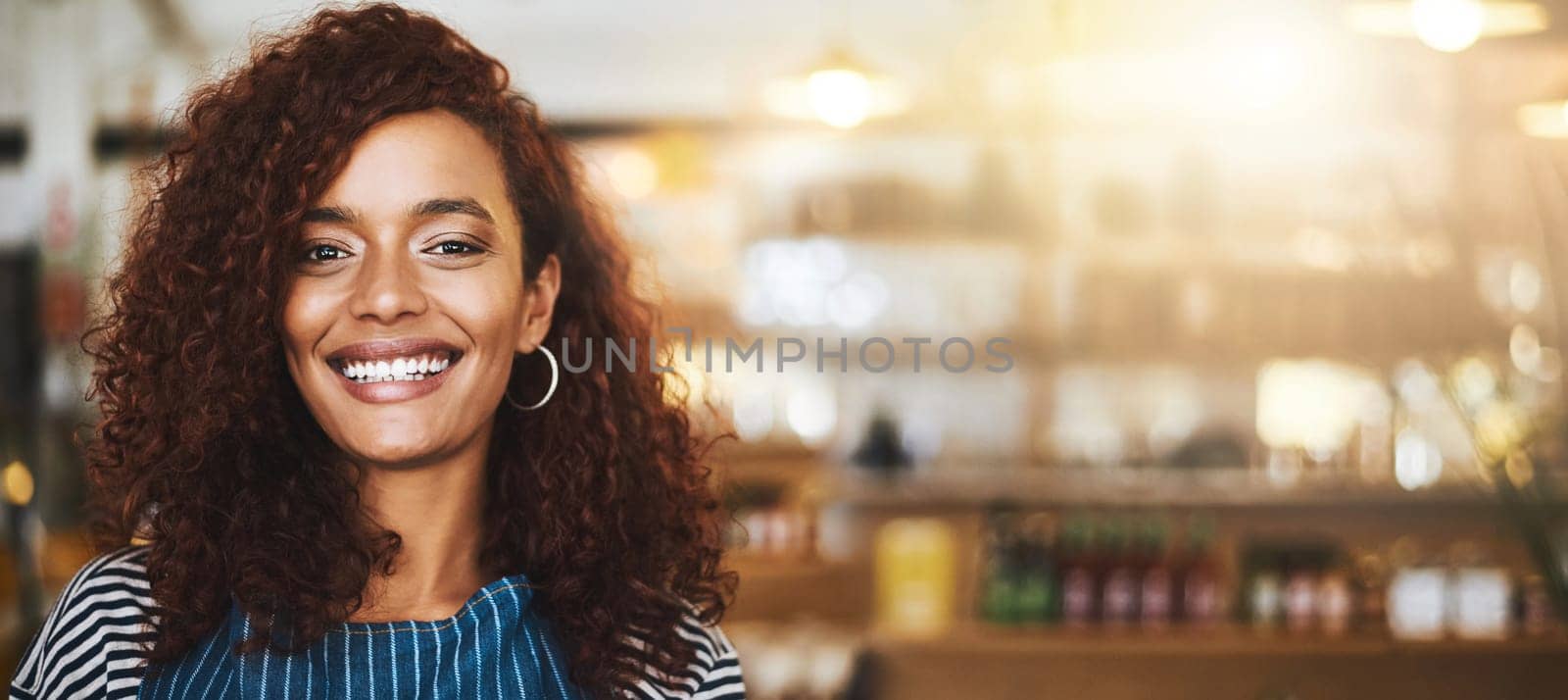 Portrait, business owner and black woman with startup cafe, retail management vision and restaurant sale happiness. Young entrepreneur, barista or waitress with smile for career in service excellence.