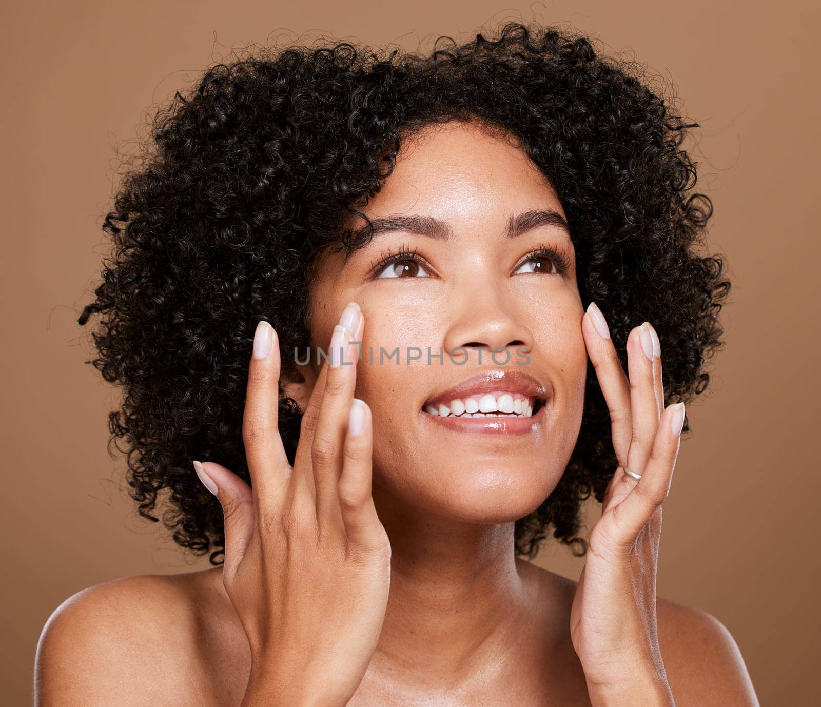 Beauty, eye skincare and black woman happy about facial wellness, collagen and cosmetic treatment. Healthy skin glow face texture of a woman model smile from cosmetics plastic surgery and botox.