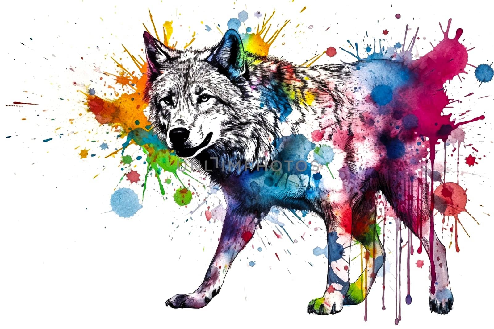 Illustration showcasing a wolf blending with cascading watercolor textures ai generation. High quality photo