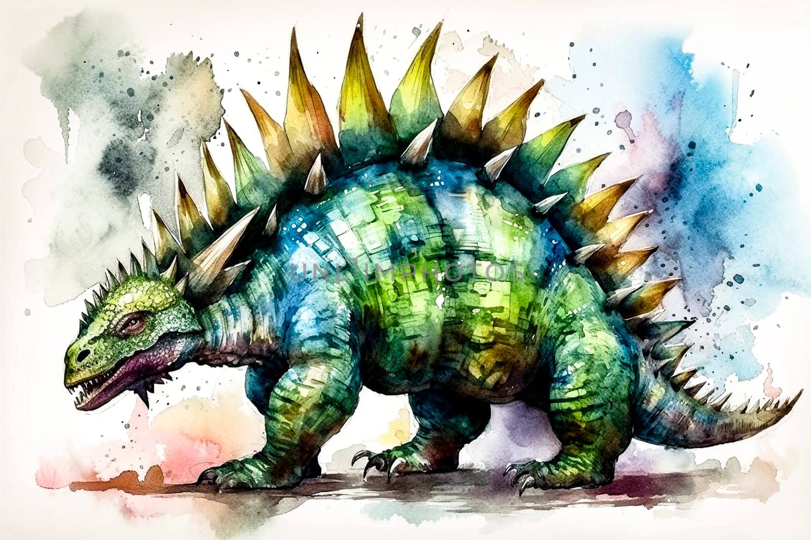 Eye-catching watercolor artwork depicting a dinosaur amidst vibrant paint splatters ai generation. High quality photo