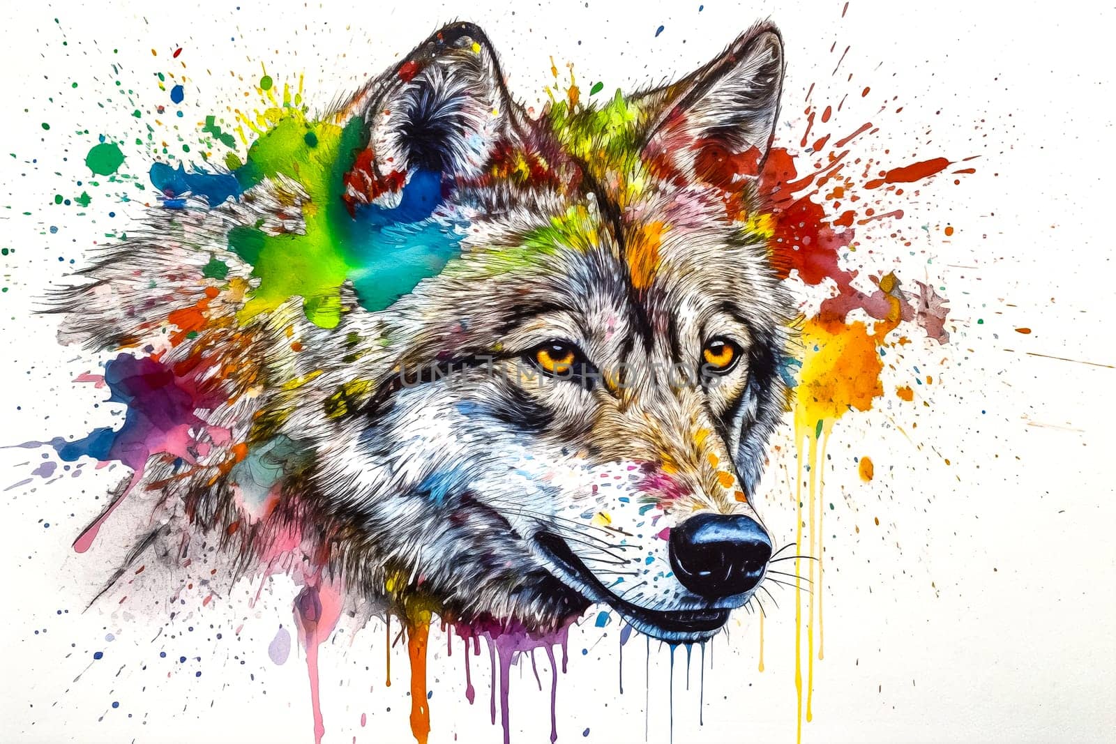 Artistic depiction of a wolf in watercolor, blending into swirling ink textures ai generation. High quality photo