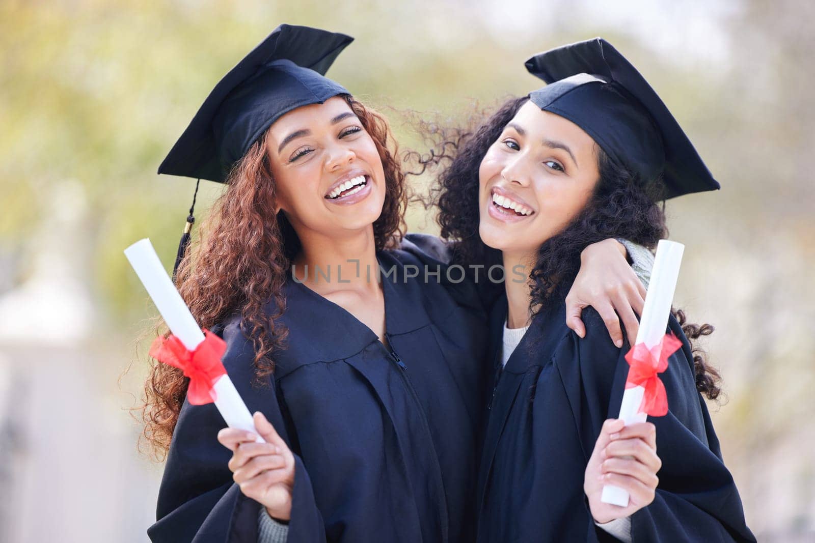 Graduation, certificate and portrait of friends at college with university diploma for learning, scholarship or achievement. Study, hug and education with women on campus for success, future or event by YuriArcurs