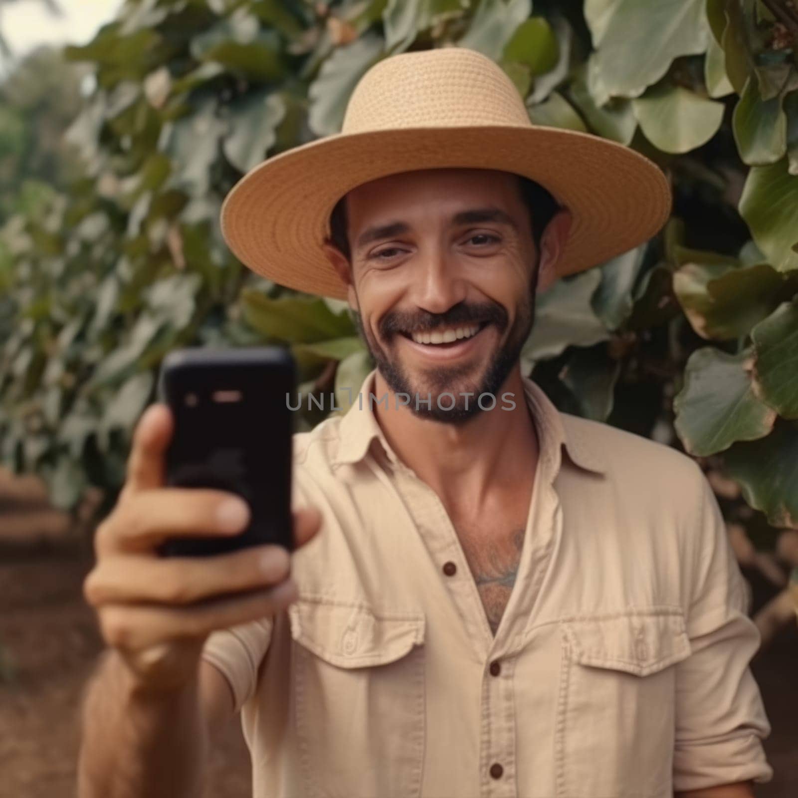 young farmer on arabica coffee plantation holding smartphone, AI Generative