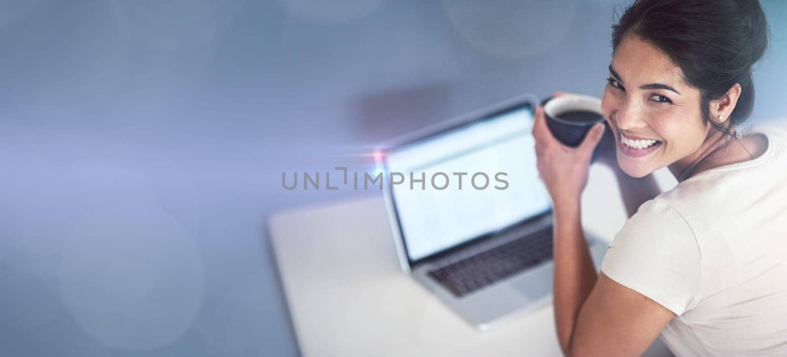 Coffee, portrait and business woman with laptop in studio isolated on a bokeh background mockup. Tea, computer and face of happy female worker with refreshing beverage, caffeine or espresso on break.