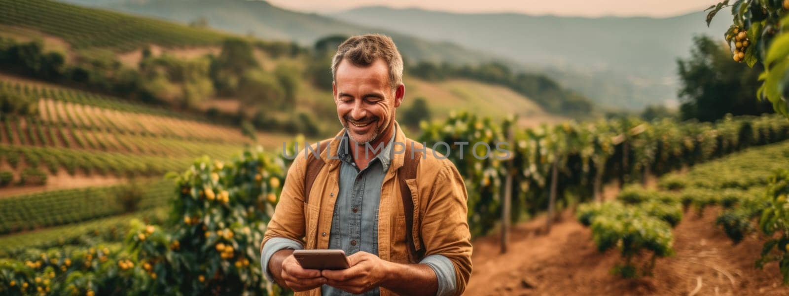 farmer on arabica coffee plantation holding smartphone, AI Generative