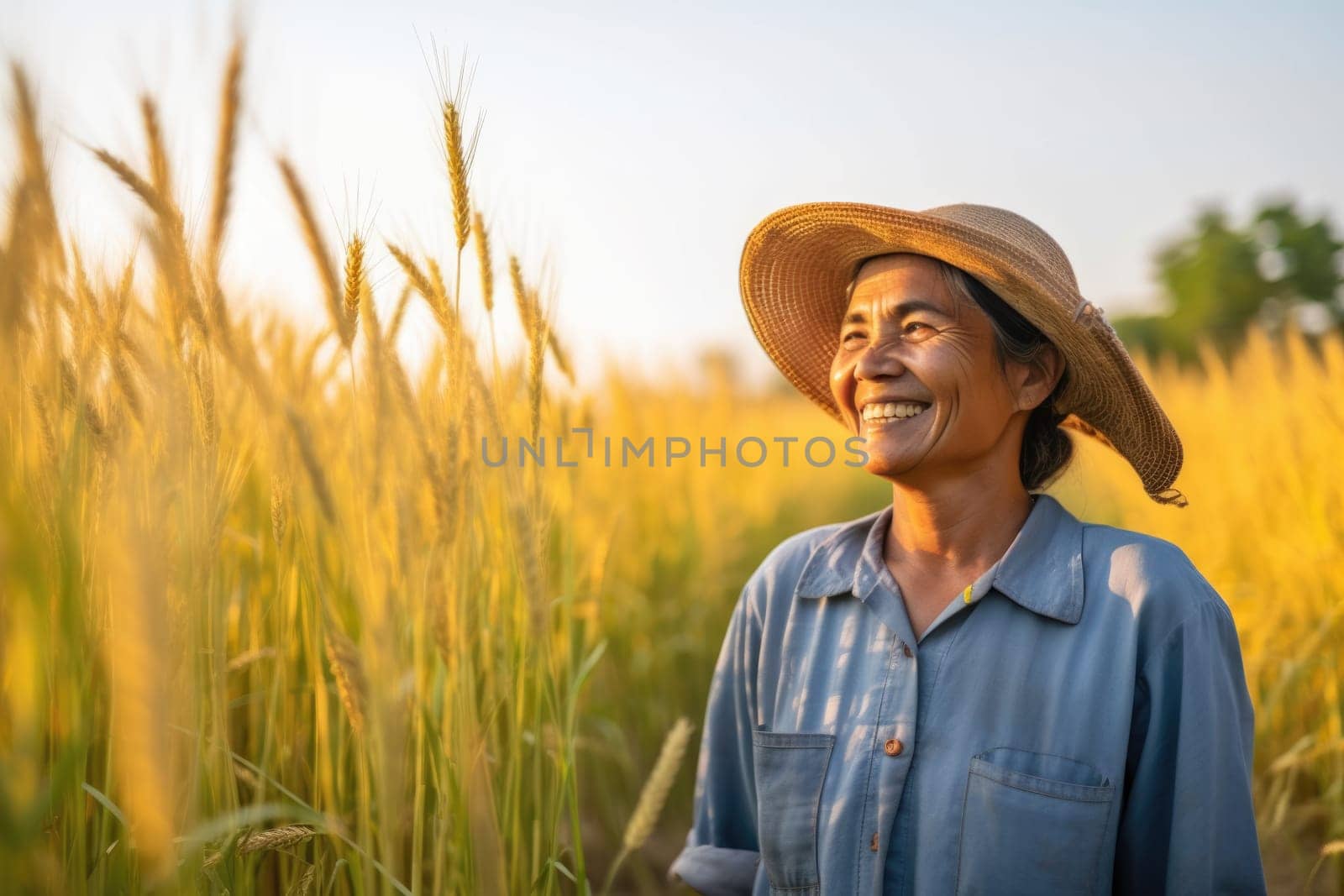 Portrait of smiling farmer in hat standing in field , AI Generative