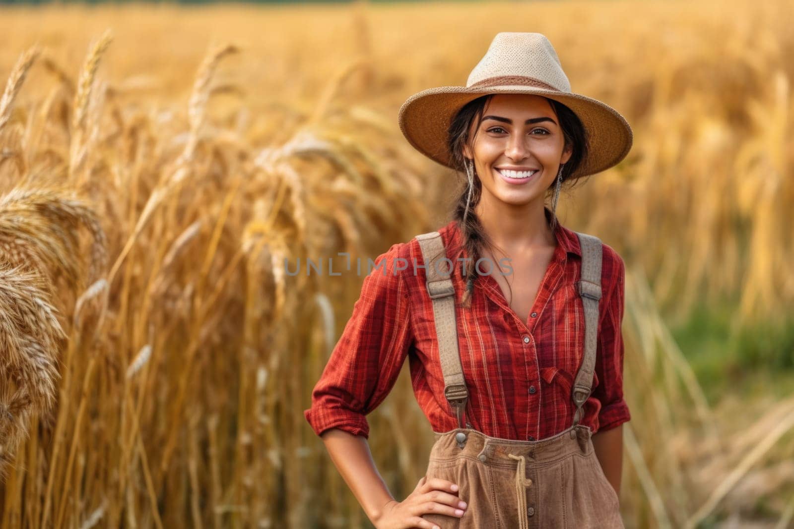 Portrait of young smiling female farmer in hat standing in field , AI Generative