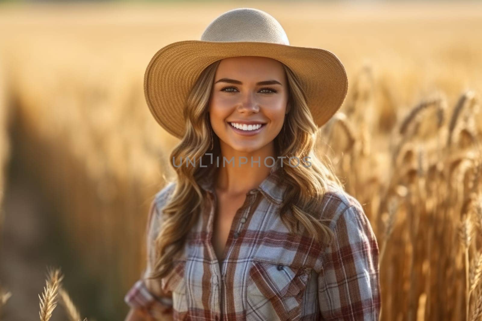 Portrait of young smiling female farmer in hat standing in field , AI Generative