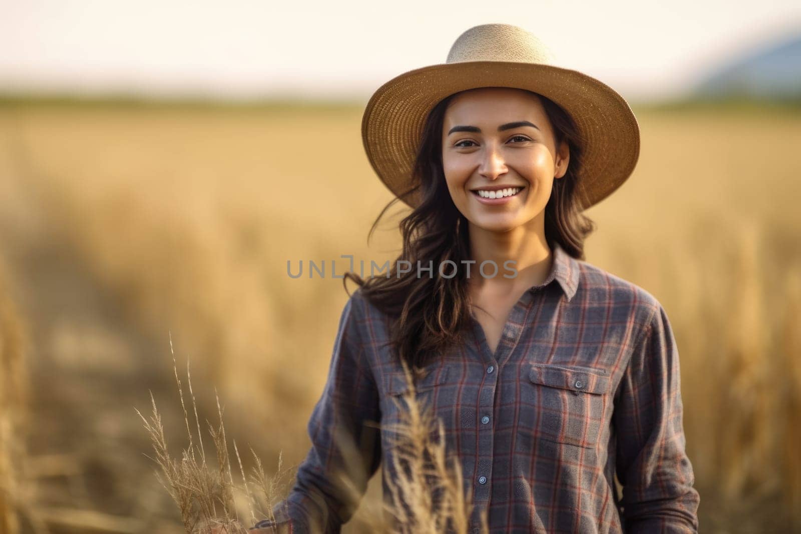 Portrait of young smiling female farmer in hat standing in field , AI Generative