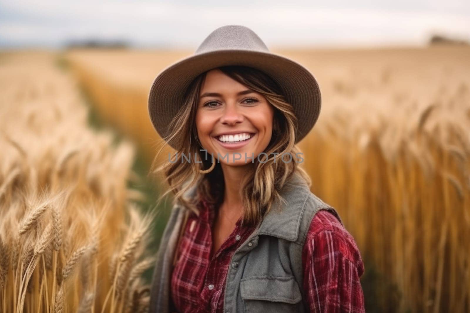 Portrait of young smiling female farmer in hat standing in field , AI Generative