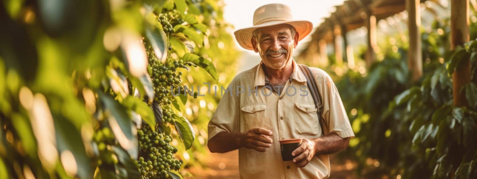 portrait of farmer on arabica coffee plantation,holding cup of coffee, banner , AI Generative