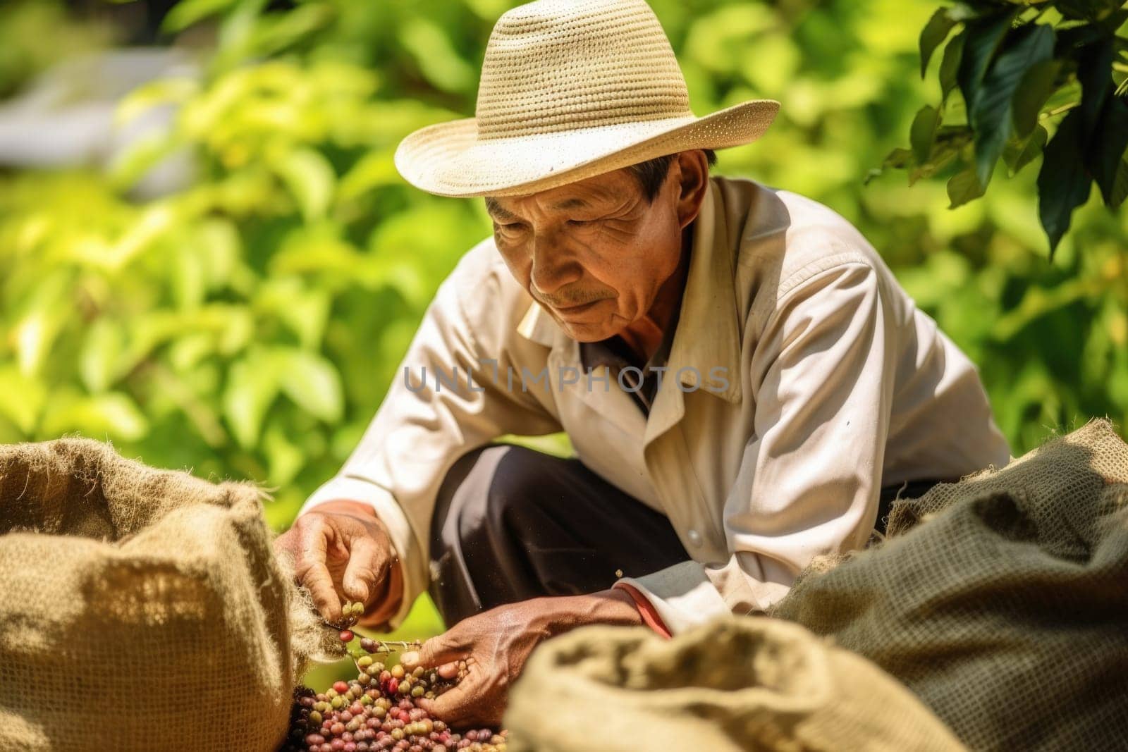 farmer on arabica coffee plantation picking coffee , AI Generative