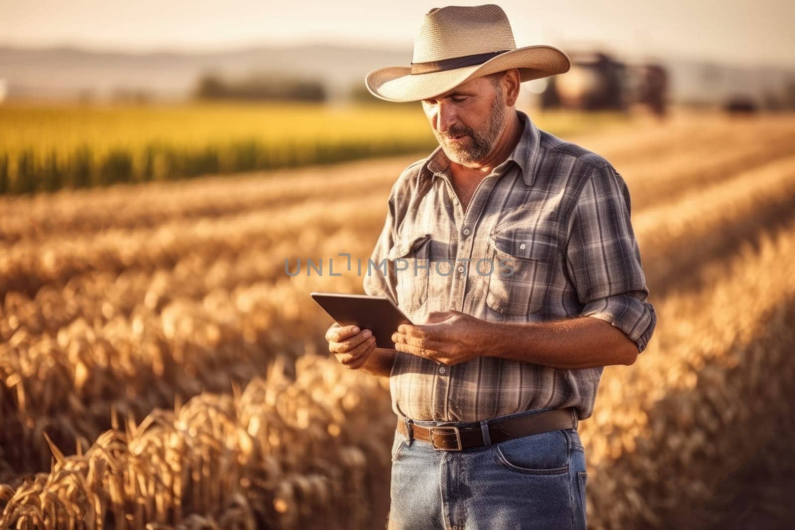 Smiling farmer standing in field with tablet, AI Generative by Desperada