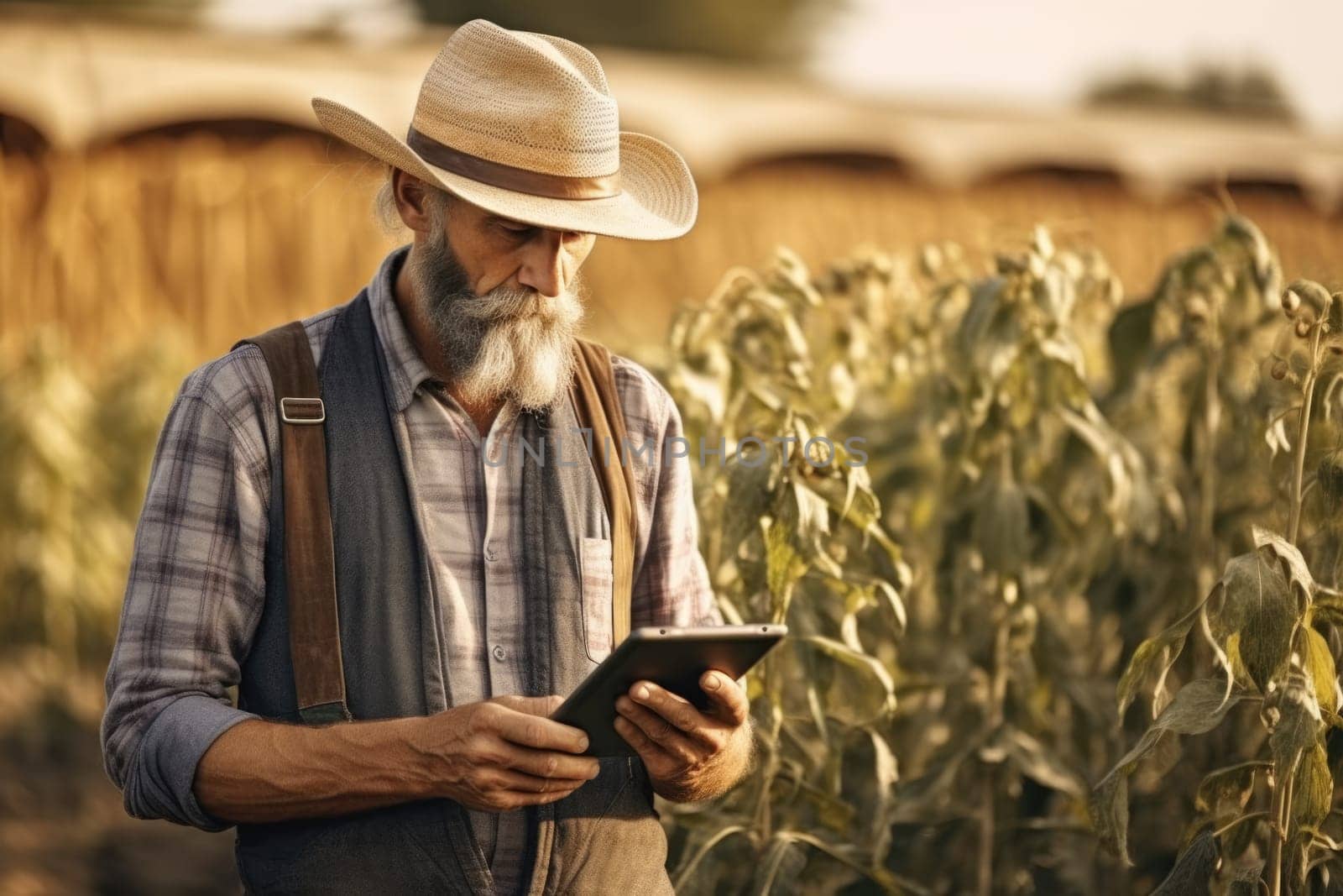 Smiling farmer standing in field holding tablet, AI Generative