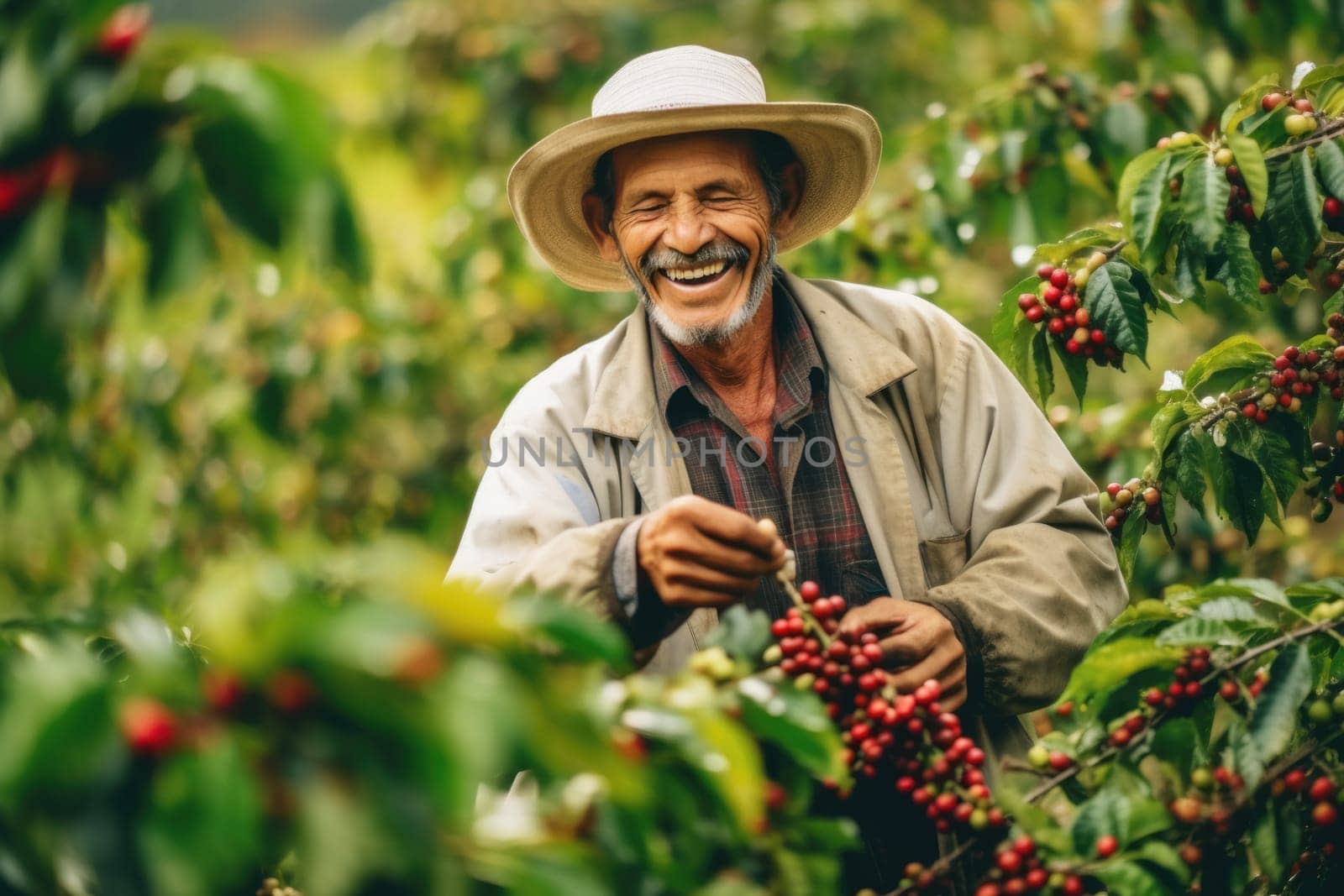 farmer on arabica coffee plantation picking coffee , AI Generative