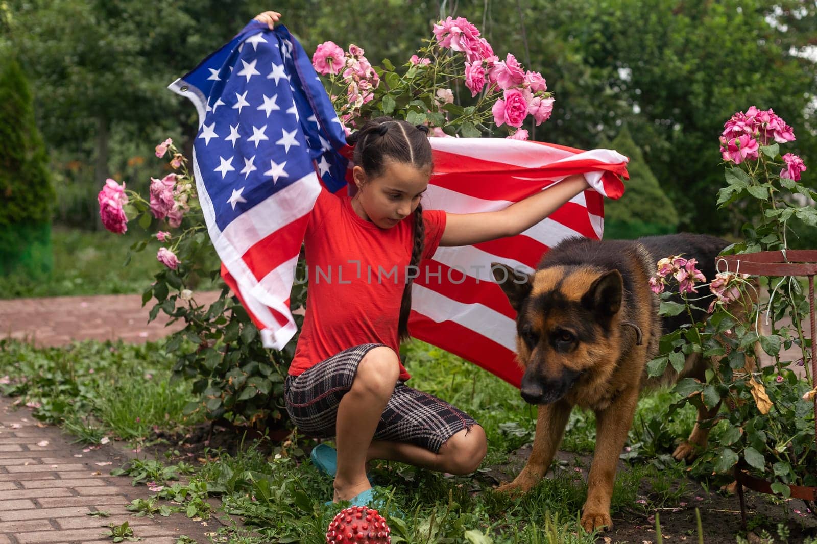 Pretty young pre-teen girl with an American cowboy hat in corn field and the holding American flag. High quality photo