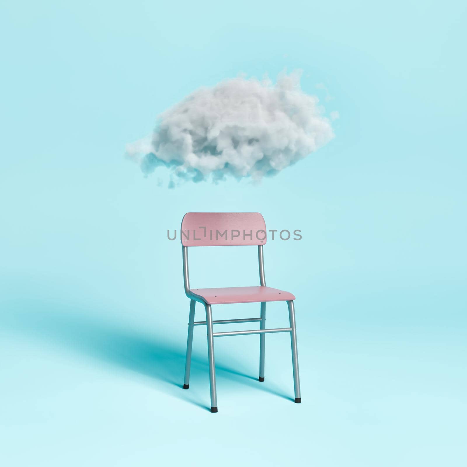 Cloud floating above school chair. minimal concept of creative idea and education. 3d rendering