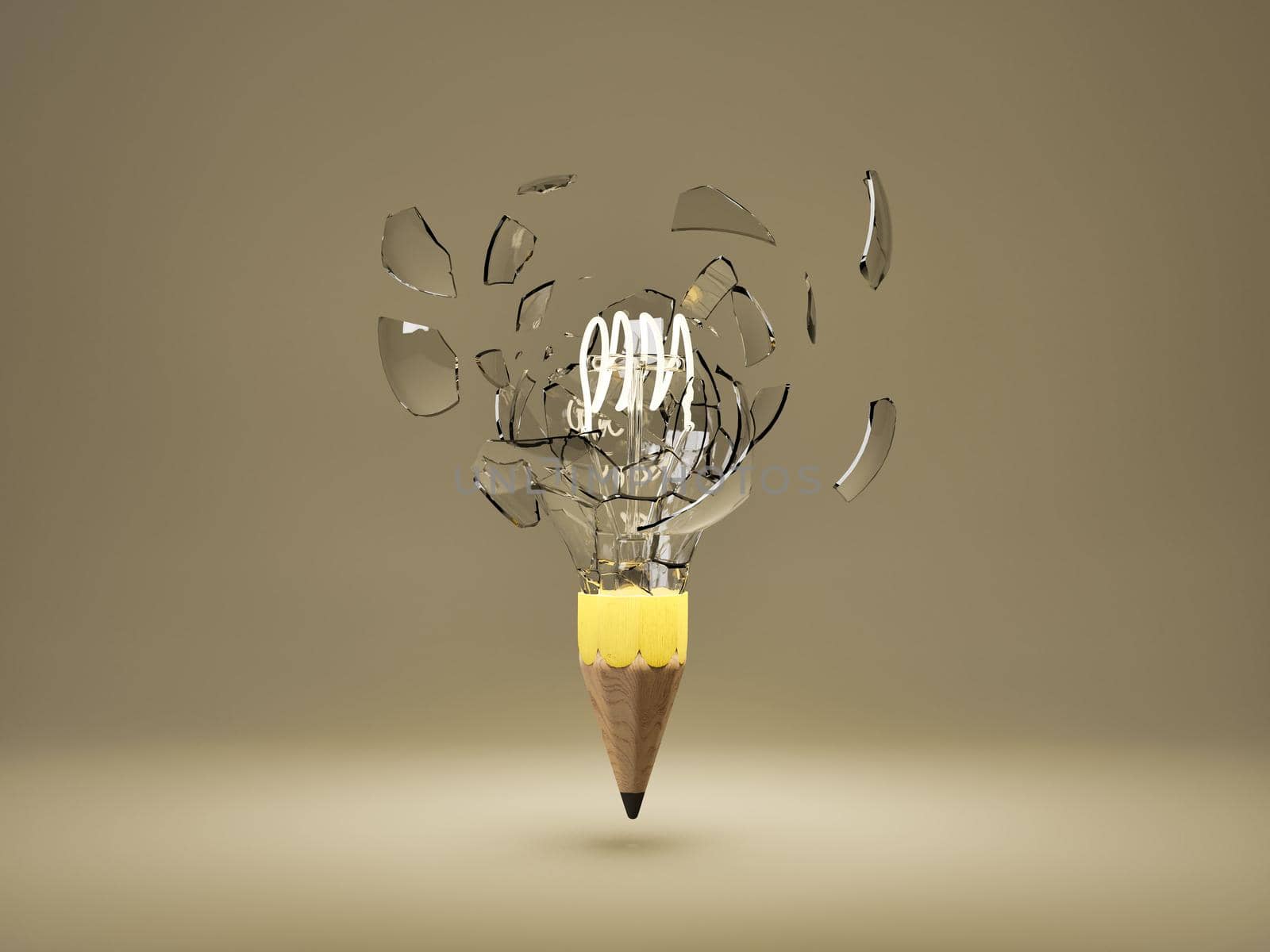 Illuminated light bulb with broken glass and pencil point in concept of creativity, art and inspiration. 3D rendering