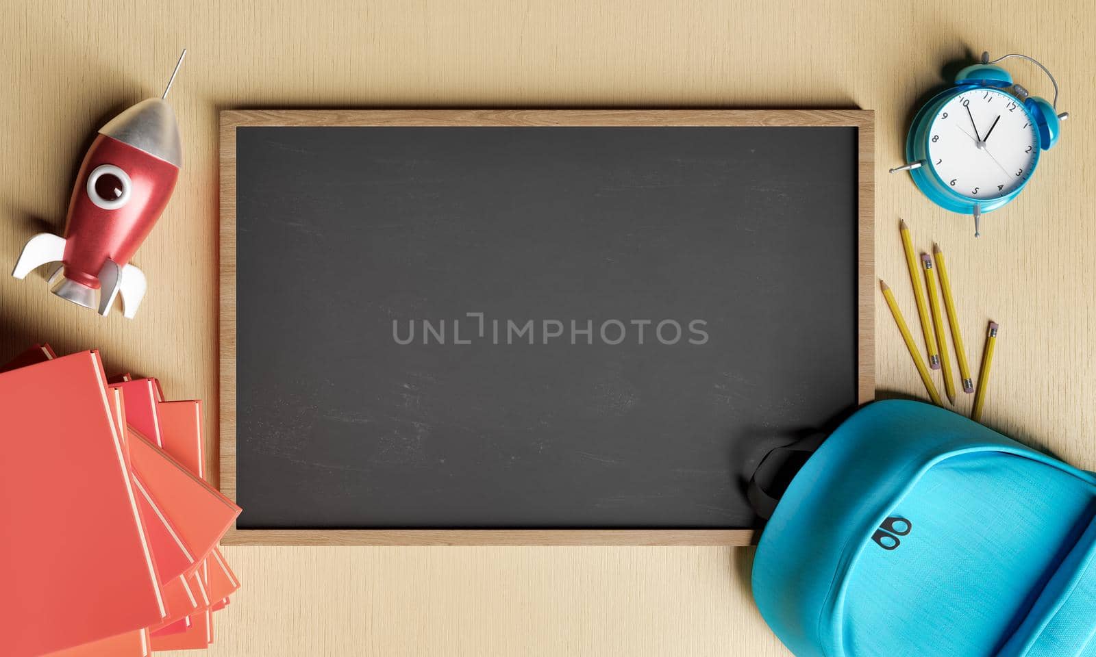 Empty chalk board with school supplies around it on wooden table. concept of education, back to school and learning. 3d rendering