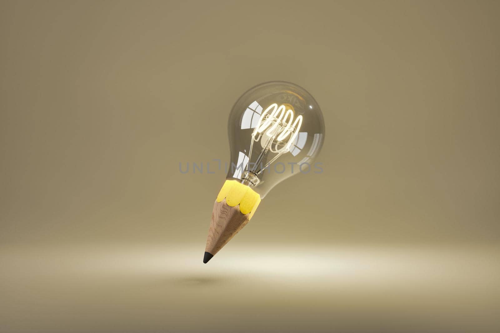 light bulb illuminated with pencil tip on a soft background. minimal concept of creative idea, art and education. 3d rendering