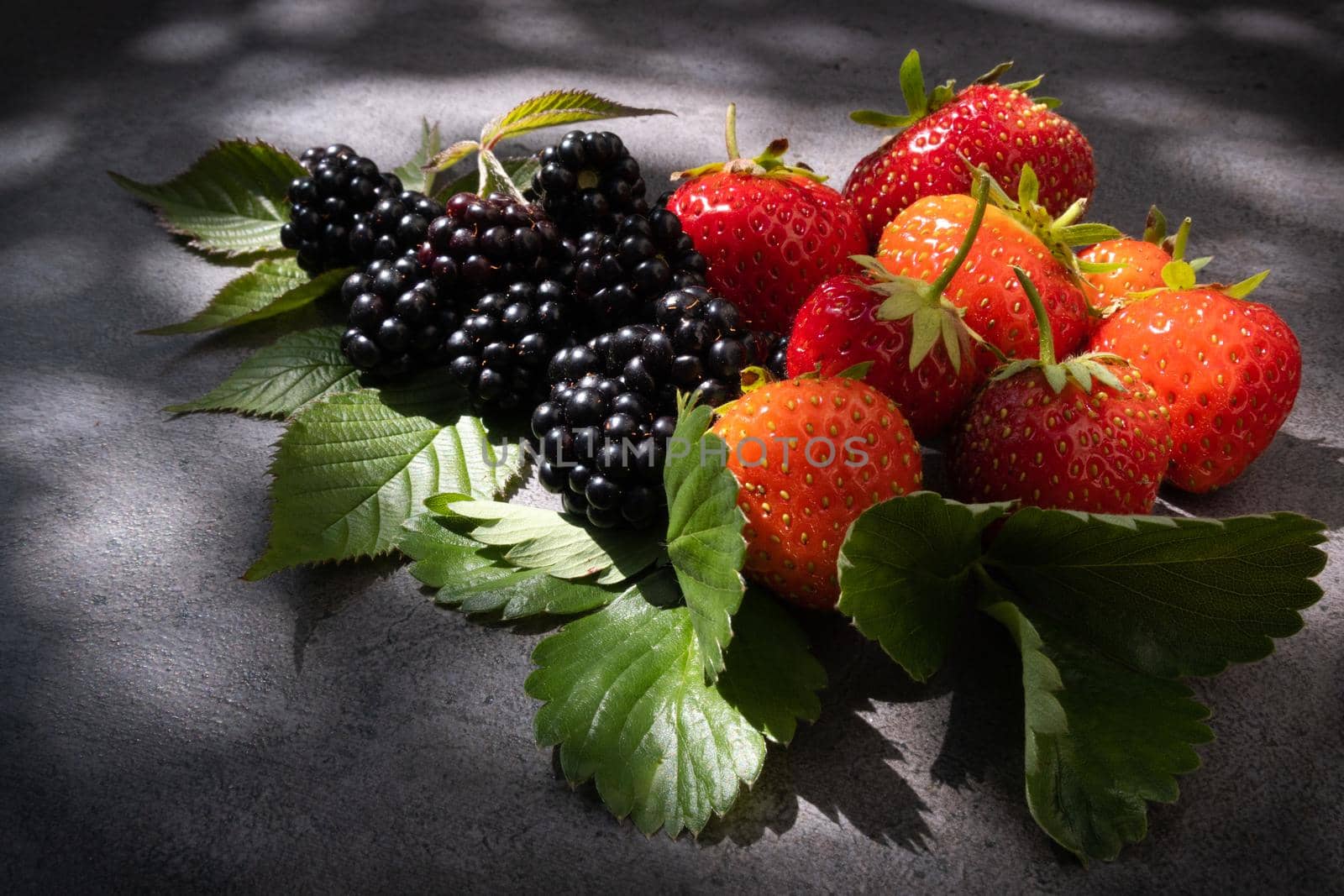 Still life strawberries and blackberries over dark background into natural sun light