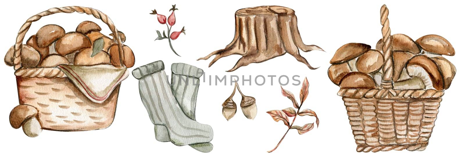 Autumn illustration of basket with mushrooms. Hand drawn illustration of autumn. Perfect for scrapbooking, kids design, wedding invitation, posters, greetings cards, party decoration.