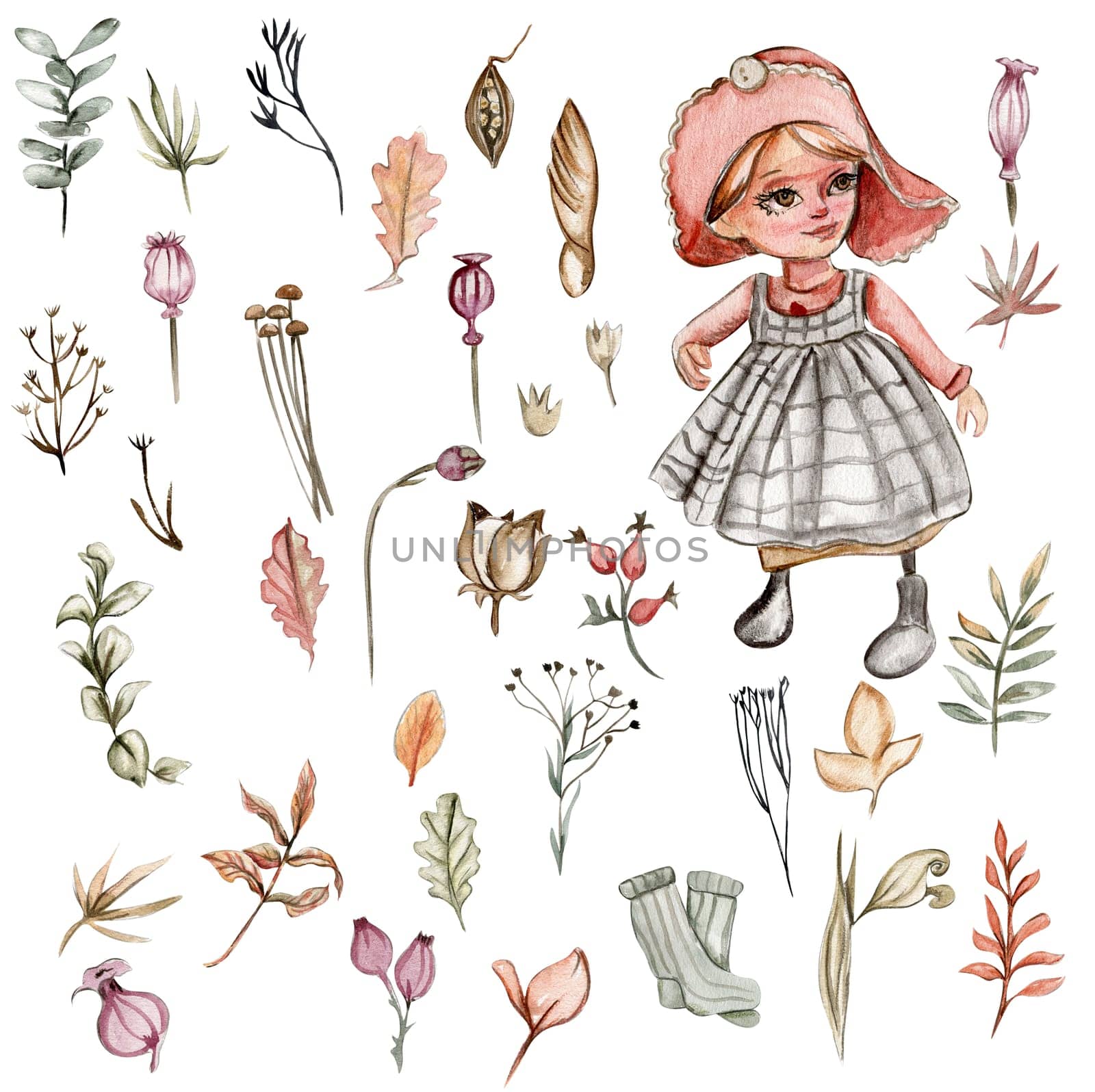 Autumn set of gnom girl and fall leaves. Hand drawn illustration of autumn. Perfect for scrapbooking, kids design, wedding invitation, posters, greetings cards, party decoration.