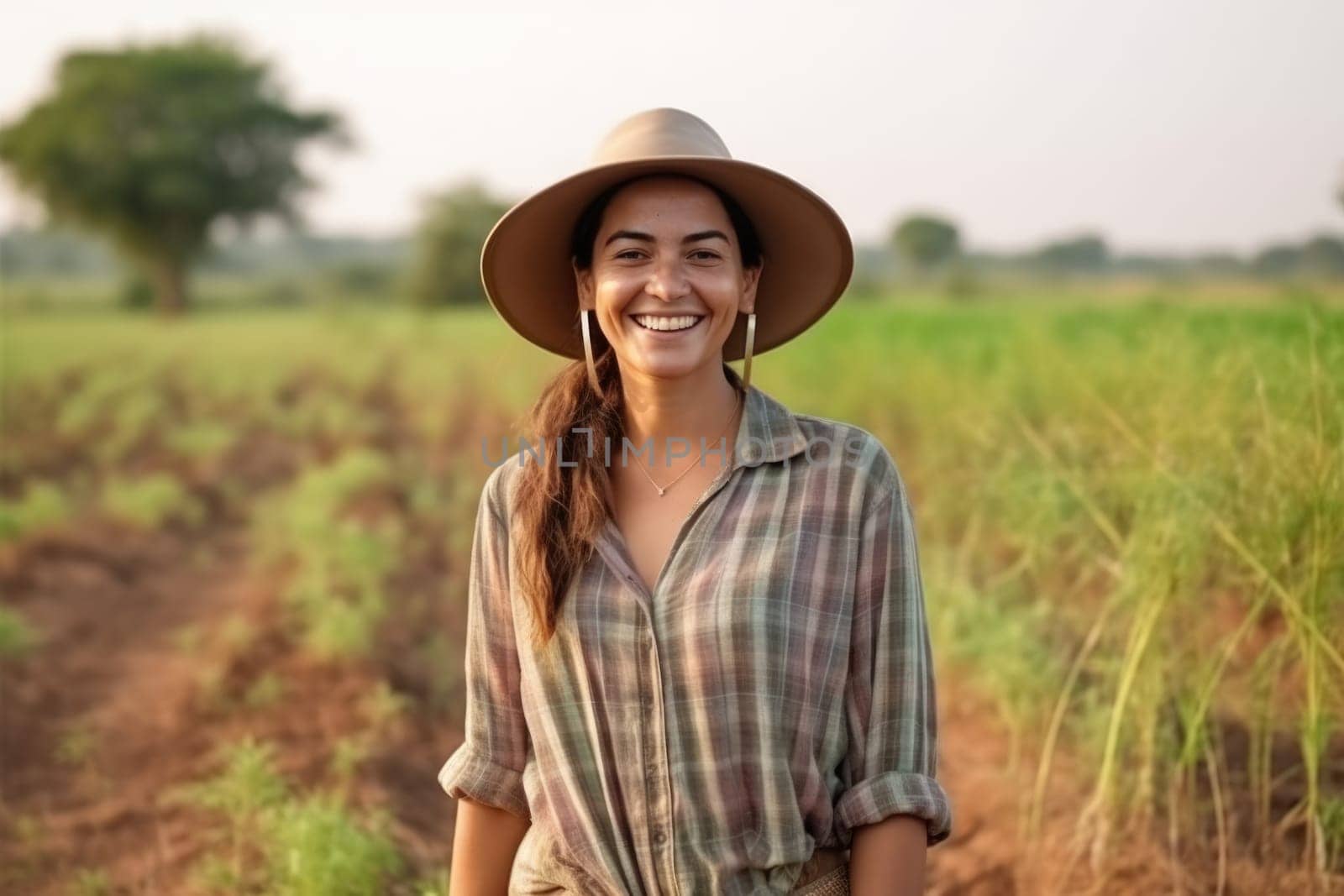 Portrait of young smiling female farmer in hat standing in field , AI Generative