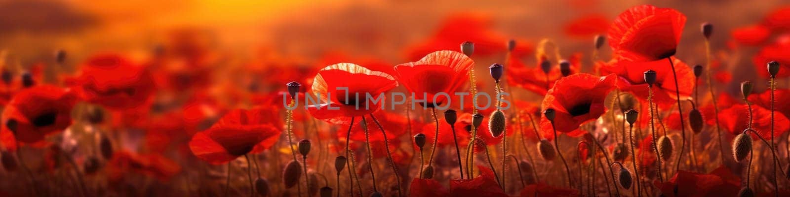 field of red poppies in the sunset light. AI Generative by Desperada