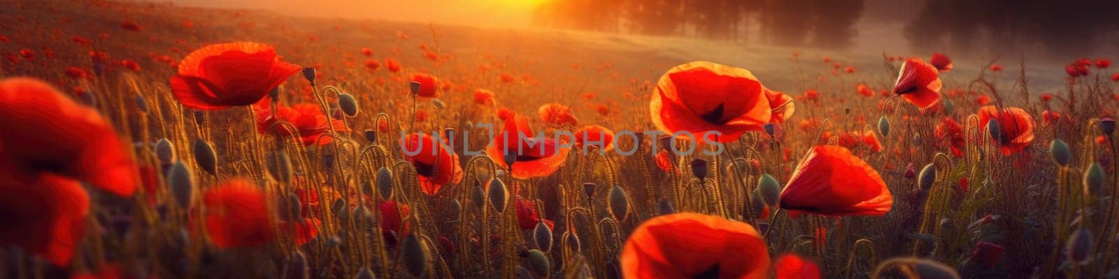 field of red poppies in the sunset light. AI Generative by Desperada