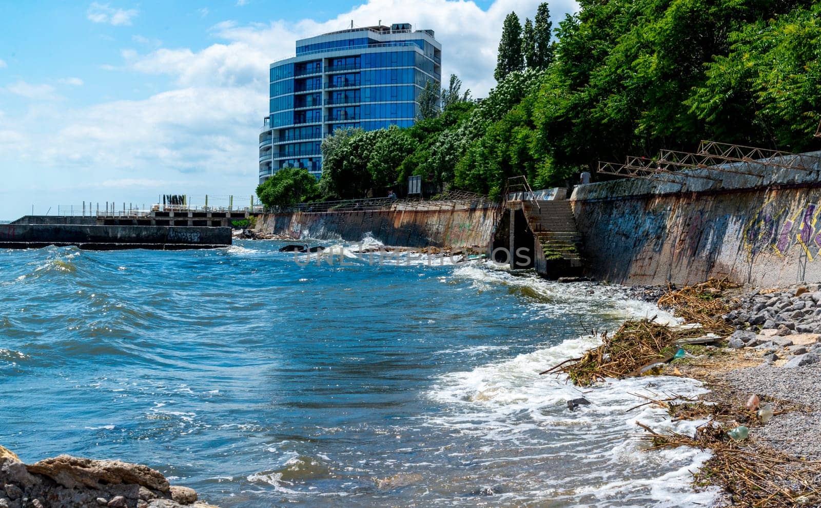 ODESSA, UKRAINE - JUNE 12, 2023: pollution of beaches with garbage and plant remains after the accident at the Kakhovka Hydroelectric Power Plant by Hydrobiolog