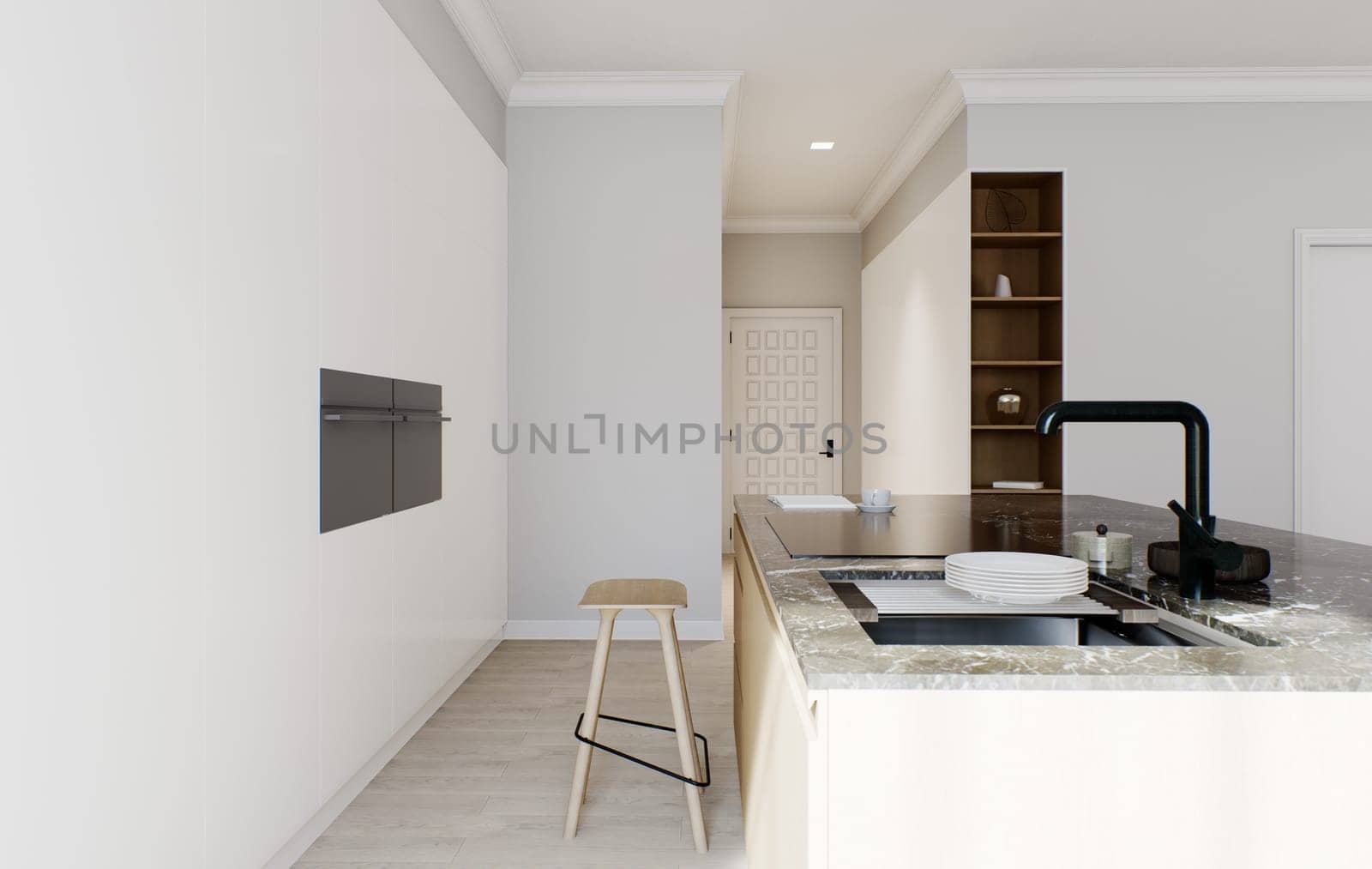 The interior of a light minimalist kitchen-studio with a wooden island. by N_Design