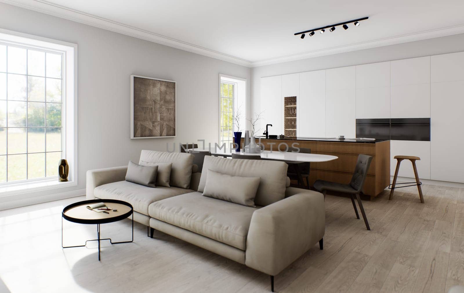 The interior of a light minimalist kitchen-studio. by N_Design